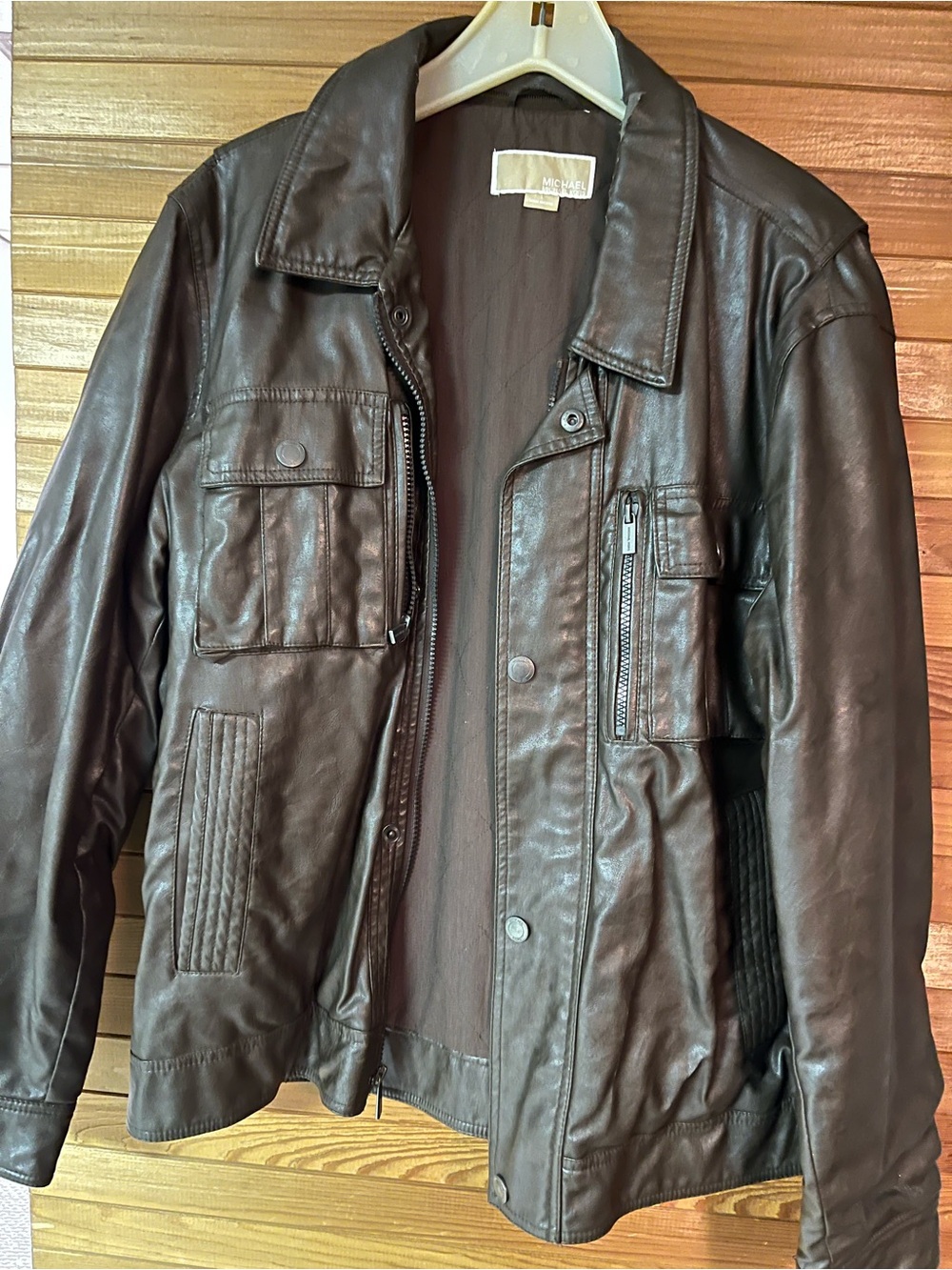 Michael Kors Men's Brown Faux Leather Bomber Jacket